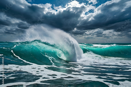 Powerful Ocean Wave Crashing Under Stormy Sky