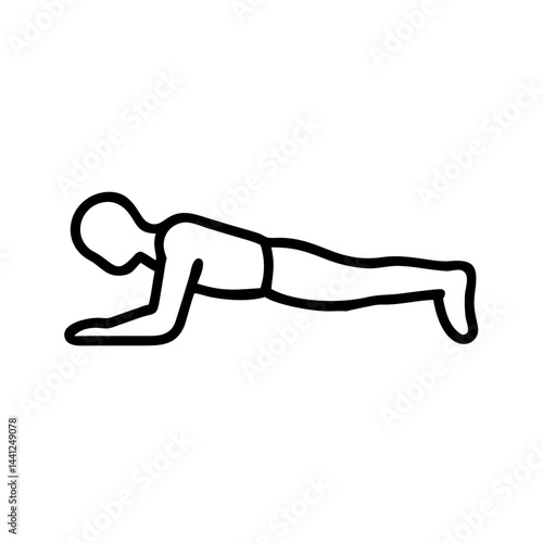 Minimalist black outline icon of person in forearm plank yoga pose on white background, simple vector symbol for core strength, body stability and endurance training