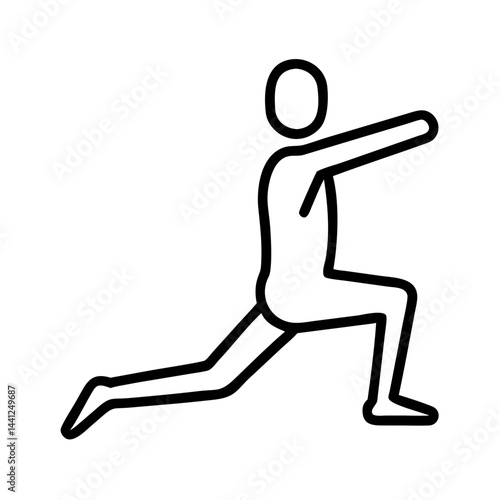 Minimalist black outline icon of person doing lunge exercise on white background, simple vector symbol for fitness, stretching and physical activity