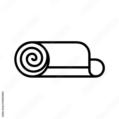 Minimalist black rolled yoga mat icon in flat vector outline style, compact fitness or meditation accessory symbol, isolated on white background for wellness design