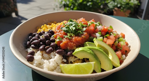 A close up shot of a burrito bowl with rice beans corn salsa avocado and lime on a green table top