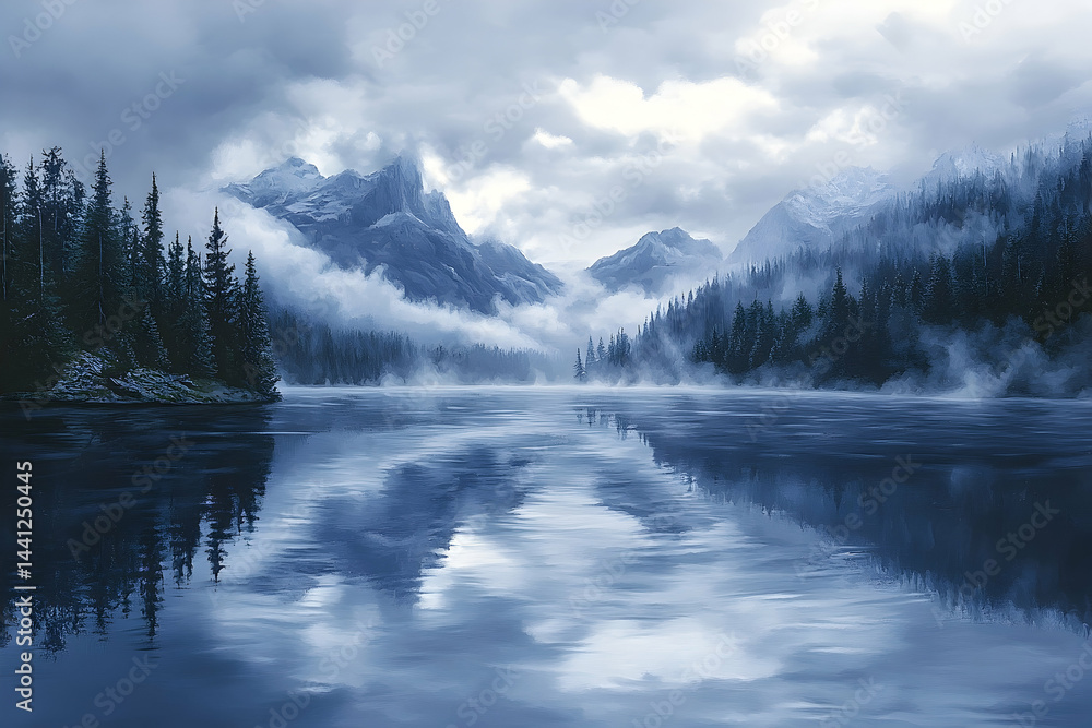 Fototapeta premium Misty mountain lake scene, tranquil and serene.