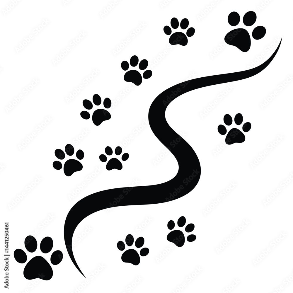Fototapeta premium A winding trail of black paw prints across a white surface.