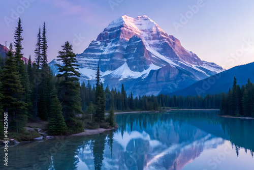 Tranquil Mountain Reflections on a Serene Lake Keywords: mountain, lake, reflection, nature, pine trees, snow-capped, scenic, peaceful, landscape, morning light
