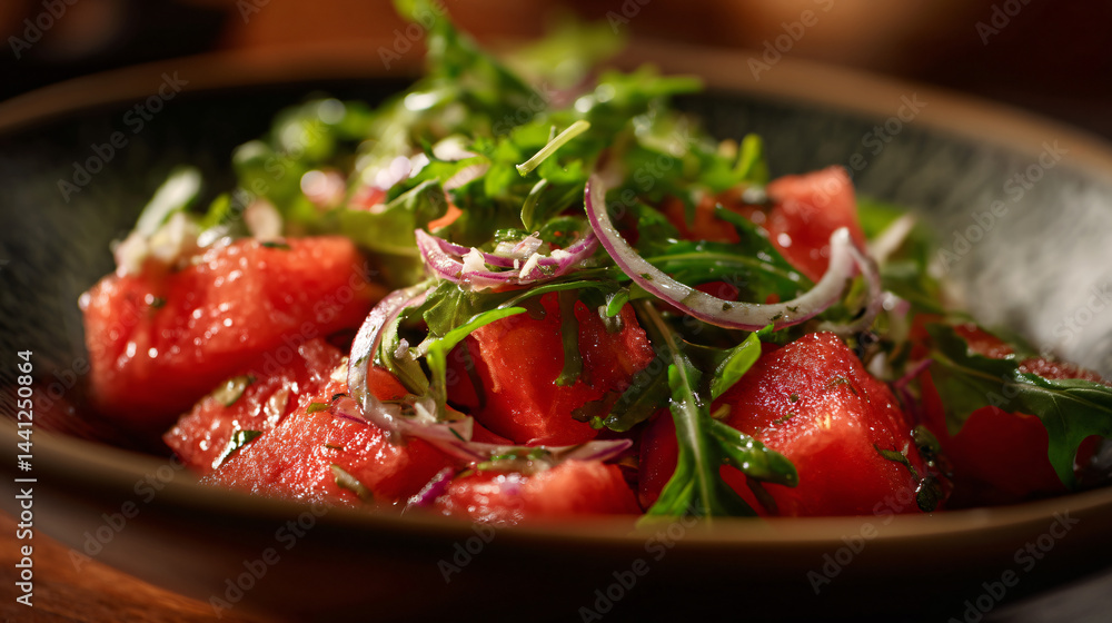 Fresh watermelon salad with arugula and red onion