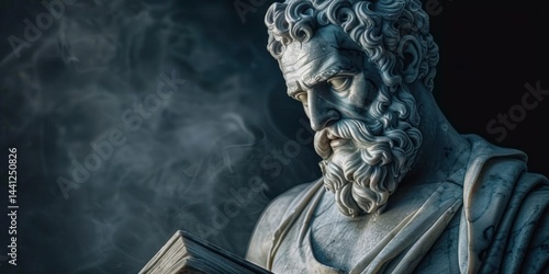 marble statue of an ancient bearded man reading an open book surrounded by smoke against a dark background