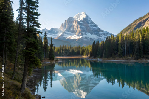 Tranquil Mountain Reflections on a Serene Lake Keywords: mountain, lake, reflection, nature, pine trees, snow-capped, scenic, peaceful, landscape, morning light