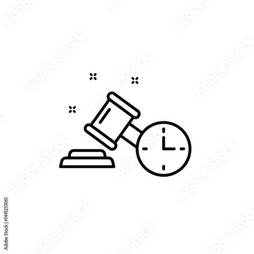 Legal Gavel and Urgency Clock Icon. Legal deadline, Justice Symbol. Courtroom, Time limit, Decision. Web/App design