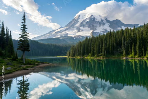 Tranquil Mountain Reflections on a Serene Lake Keywords: mountain, lake, reflection, nature, pine trees, snow-capped, scenic, peaceful, landscape, morning light