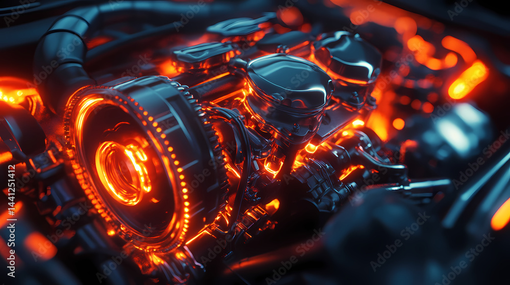 Car engine glowing light background concept, abstract car repair or restoration, ai-generated. beautiful simple ai generated image. Lucid Ember. Illustration Car engine glowing light background concept, abstract car repair or restoration, ai-generated. beautiful simple ai generated image. Lucid Ember. Illustration