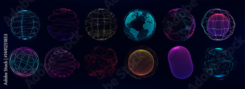 Futuristic 3D spheres in neon colors, from points, polygonal lines, wireframe. Universal Sci-fi Spheres, 3D earth globe, balls, geometric shapes. Science fiction, round futuristic balls. Vector set