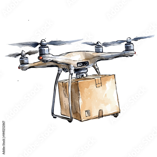 Drone-powered Delivery System, vector watercolor illustration, isolated on a white background.