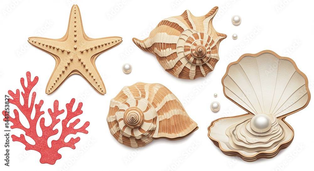 Fototapeta premium Seashells, starfish, coral and pearls creating a stunning maritime display