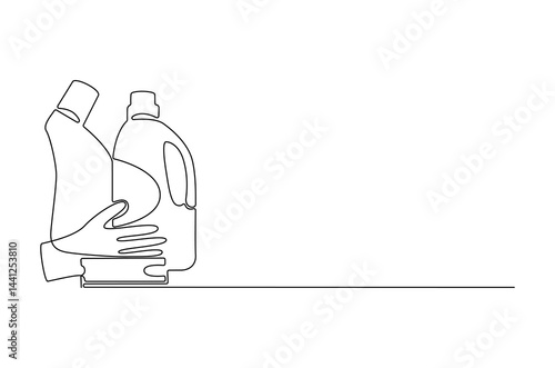 Continuous one line drawing of Cleaning sevice tools. Single line drawing illustration of Cleaning service and detergent products. Housekeeping concept vector art. Doodle line illustration.
