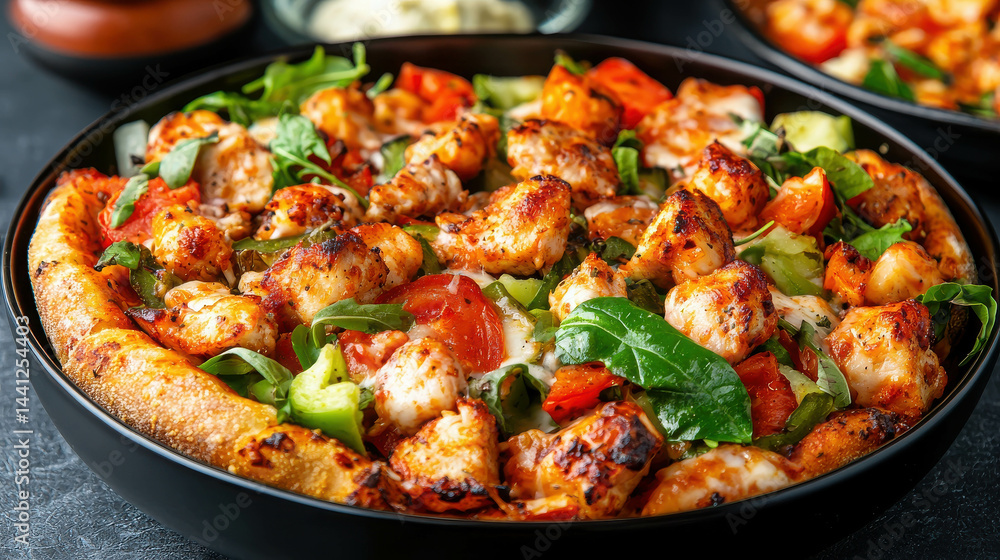 Freshly Baked Pizza Topped with Chicken, Vegetables, and Melted Cheese in a Black Dish Freshly Baked Pizza Topped with Chicken, Vegetables, and Melted Cheese in a Black Dish