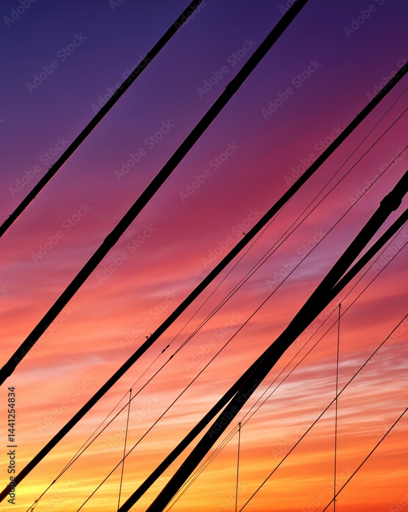 Glowing shades of orange and purple fill the sky at twilight, silhouetting cables against the backdrop of a stunning sunset, creating a mesmerizing urban scenery that captivates the senses.