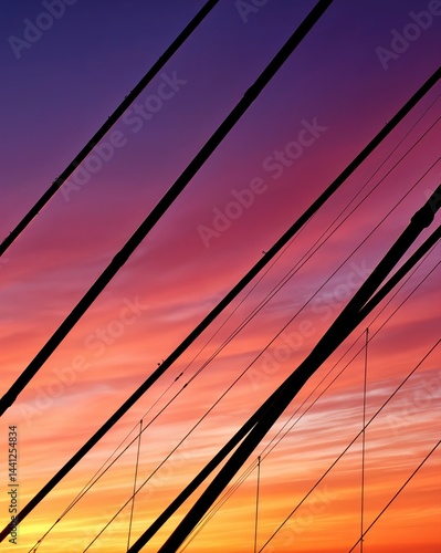Obraz na płótnie Glowing shades of orange and purple fill the sky at twilight, silhouetting cables against the backdrop of a stunning sunset, creating a mesmerizing urban scenery that captivates the senses. w salonie
