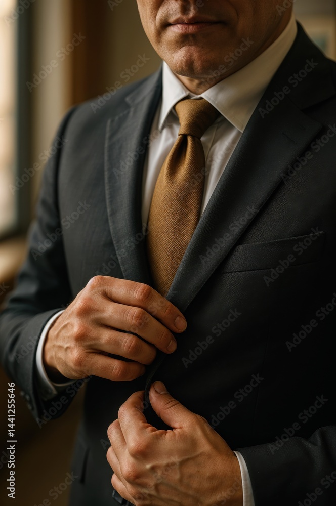 Close-up of a man in a sharp suit, adjusting his jacket with focused grace, showcasing the refined elegance of a formal setting during a stylish event in a warm-lit interior.