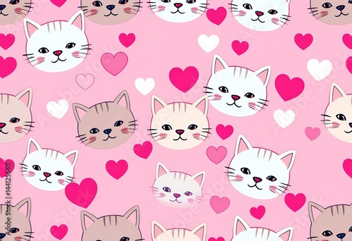 Wallpaper Mural Seamless pink pattern featuring cute cat faces and hearts, cute, art Torontodigital.ca