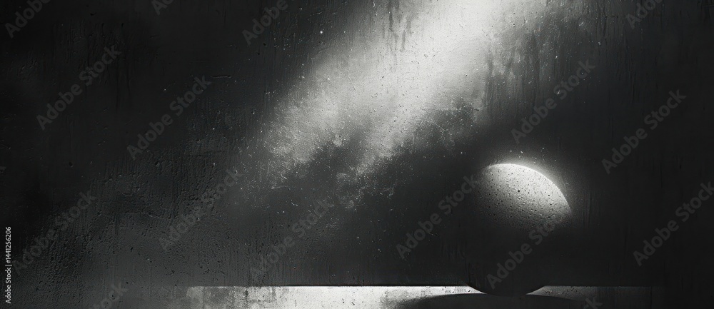 Obraz premium dark surreal scene with misty textured sky and a large glowing sphere casting shadow on a flat surface, evoking mystery and solitude