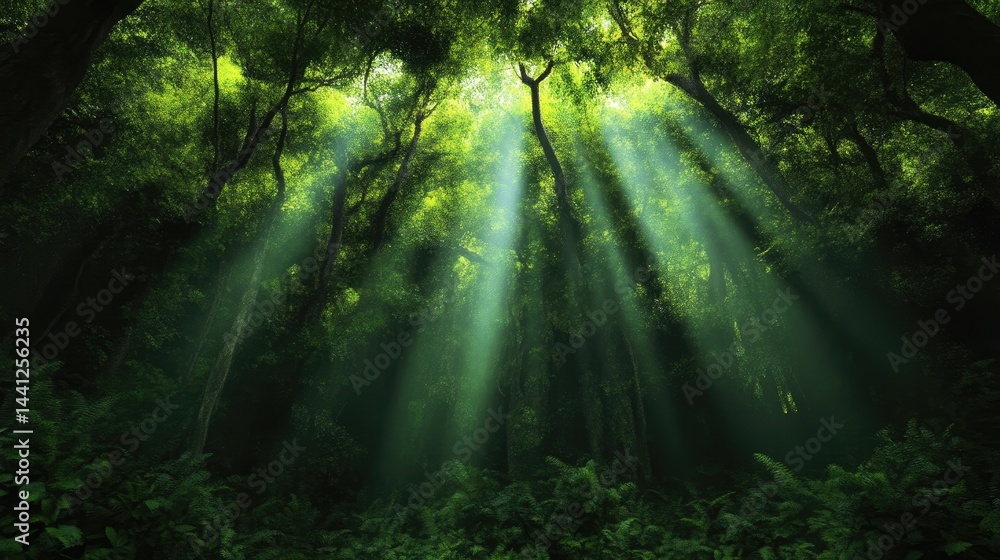 Obraz premium Sunlight filtering through a dense forest canopy. Sunlight beams pierce the lush green foliage, casting shafts of light into the shadowy depths below. Vibrant green hues dominate the scene,
