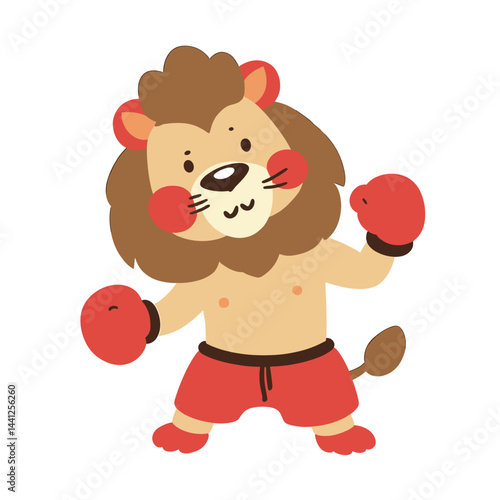 Cartoon Lion Mascot as Boxer, Strong and Fierce Animal Fighter Character