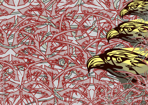 Dynamic poster with eagle head motifs and dangerous elements like a spider. Chaotic dangerous motifs for fashion trends, business concepts, covers, posters, interior solutions, tiles, prints, etc. 