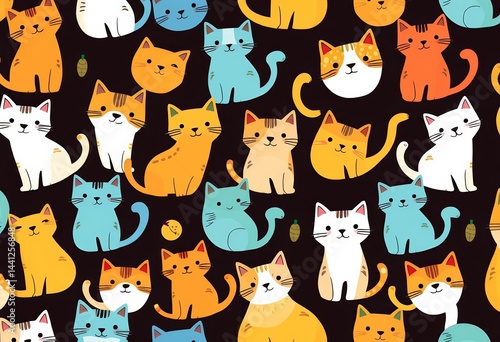 Seamless playful cat pattern; vibrant colors, hand-drawn style, ideal for kids' textiles, tail, fabric