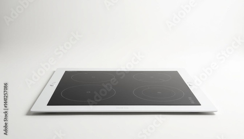 Modern cooktop with four burners is placed on a white surface and photographed with a clean style.