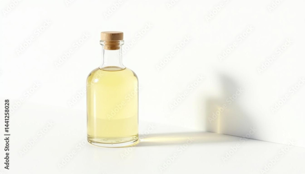 A clear glass bottle with yellow liquid and a cork, positioned on a white surface.