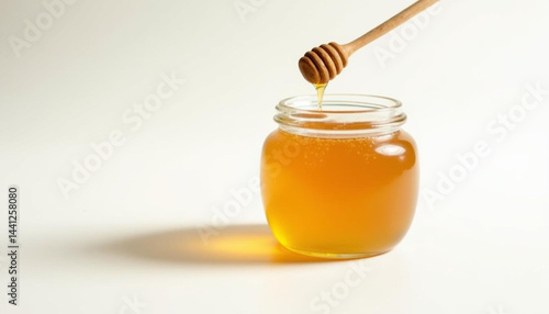 A wooden dipper with honey dripping into a glass jar, capturing the delicious golden liquid.