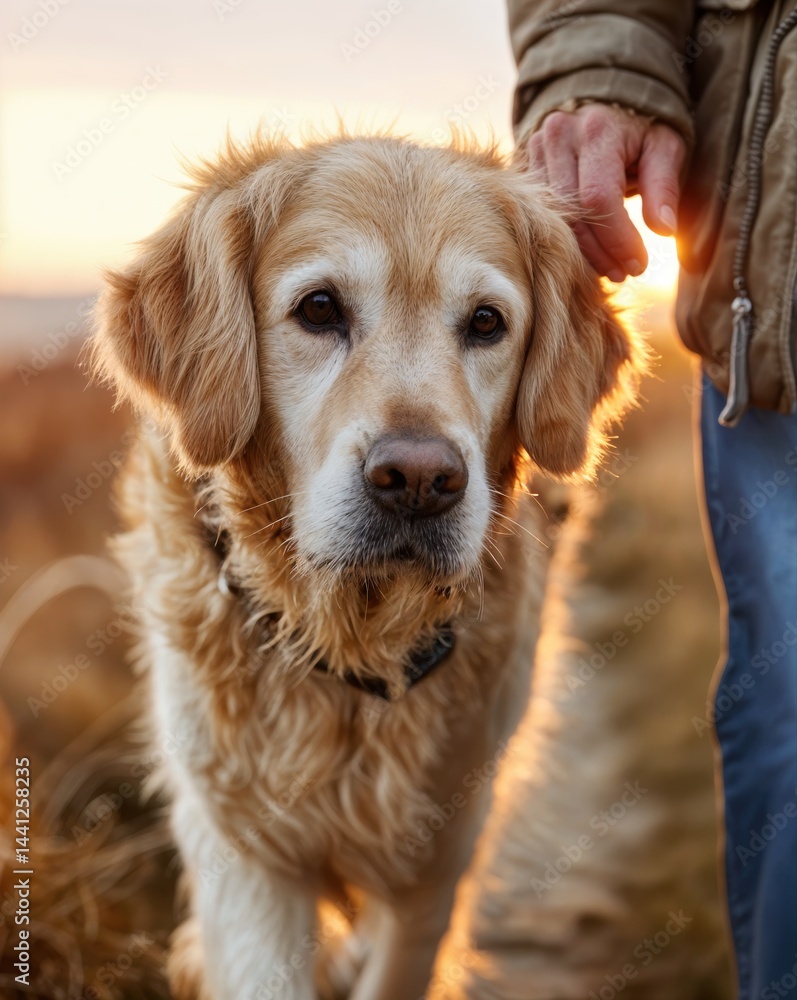 A golden retriever walks alongside its human during sunset, basking in the warm glow of the fading sunlight on a grassy hillside, embodying the bond between them.