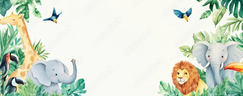 Naklejka premium Watercolor jungle animals in a lush border design.