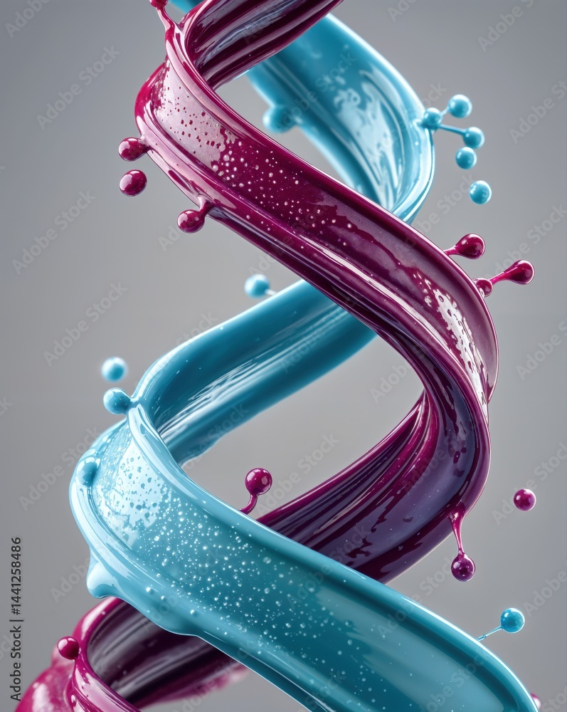 A captivating arrangement showcases vibrant blue and deep purple liquid twisting gracefully, creating dynamic shapes with playful splashes.