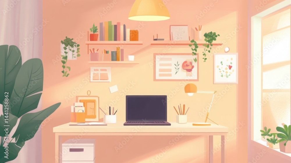 Cozy minimalist office nook with flush ceiling light, small desk, laptop, and organized shelves Cozy minimalist office nook with flush ceiling light, small desk, laptop, and organized shelves