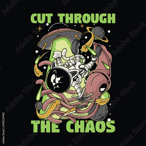 adventure of astronaut cat vs alien giant squid retro cartoon illustration