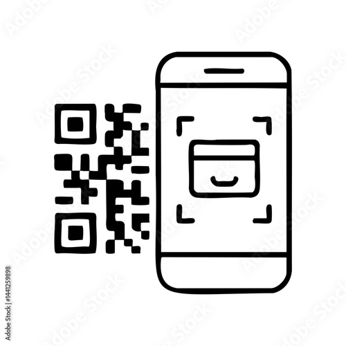 Minimal black line icon showing a smartphone scanning a QR code for instant mobile wallet payment and digital transactions.