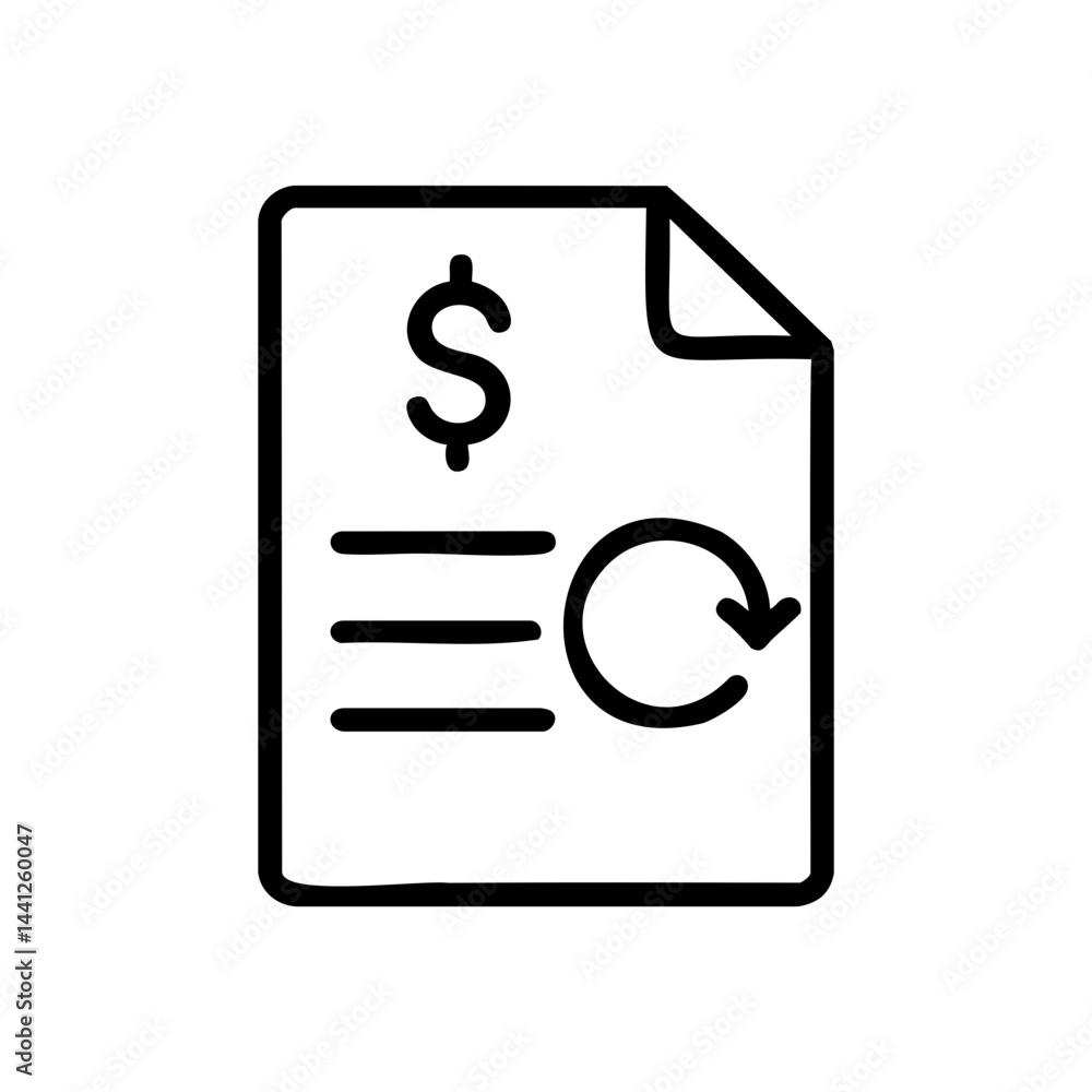 Minimal black line icon of an invoice featuring a dollar symbol and a circular arrow, representing recurring billing, subscription payments, and automated charges. Minimal black line icon of an invoice featuring a dollar symbol and a circular arrow, representing recurring billing, subscription payments, and automated charges.
