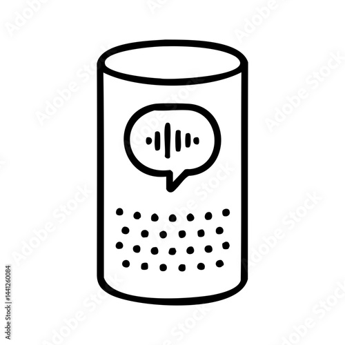 Minimal black line icon of a smart speaker featuring a voice command symbol, representing voice assistant technology, smart home integration, and wireless audio devices.
