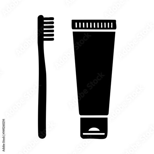 Simple black silhouette icon showing a toothbrush and toothpaste tube, symbolizing dental care, oral hygiene, and daily health routines.