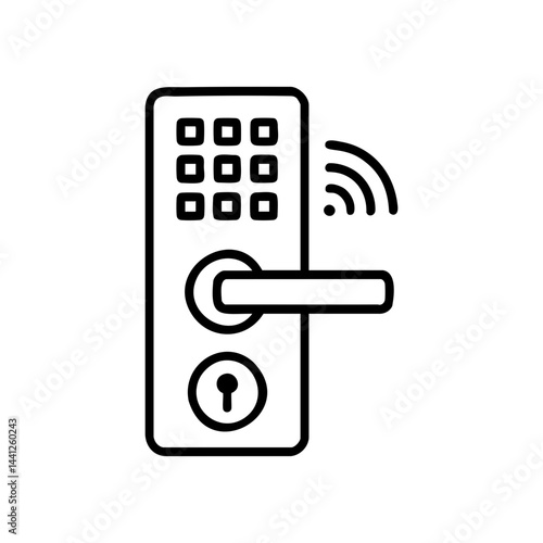 Minimalist line icon showing a smart door lock with keypad, handle, keyhole, and wireless signal for security technology use.