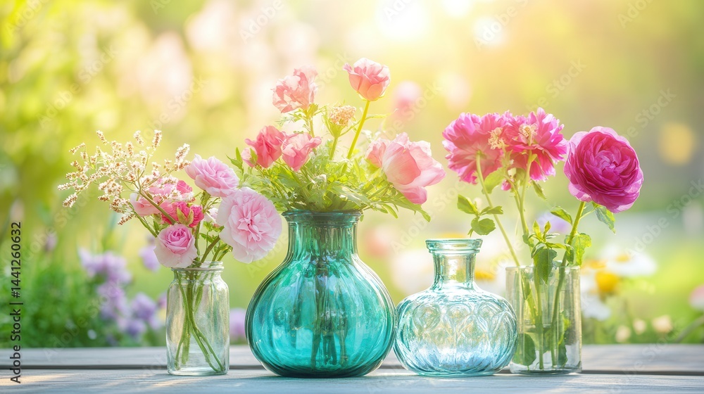 Obraz premium A vibrant display of blooming flowers in colorful vases on a sunlit garden table