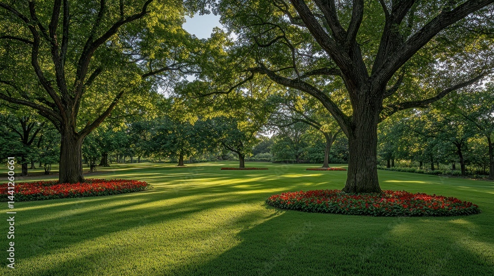 Fototapeta premium Trees in a park, green grass and red flowers