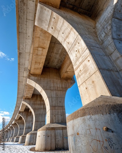 Beneath a striking overpass, bold concrete pillars curve gracefully into the sky, casting shadows on the snowy ground, as the winter sun shines brightly overhead, illuminating the structure.