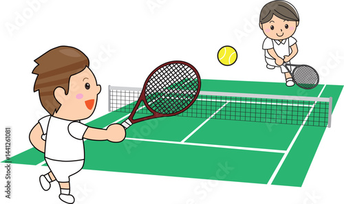 白いウェアでプレイする若者たちのテニスイラスト　Young Players Playing Tennis in White Uniforms on Green Court