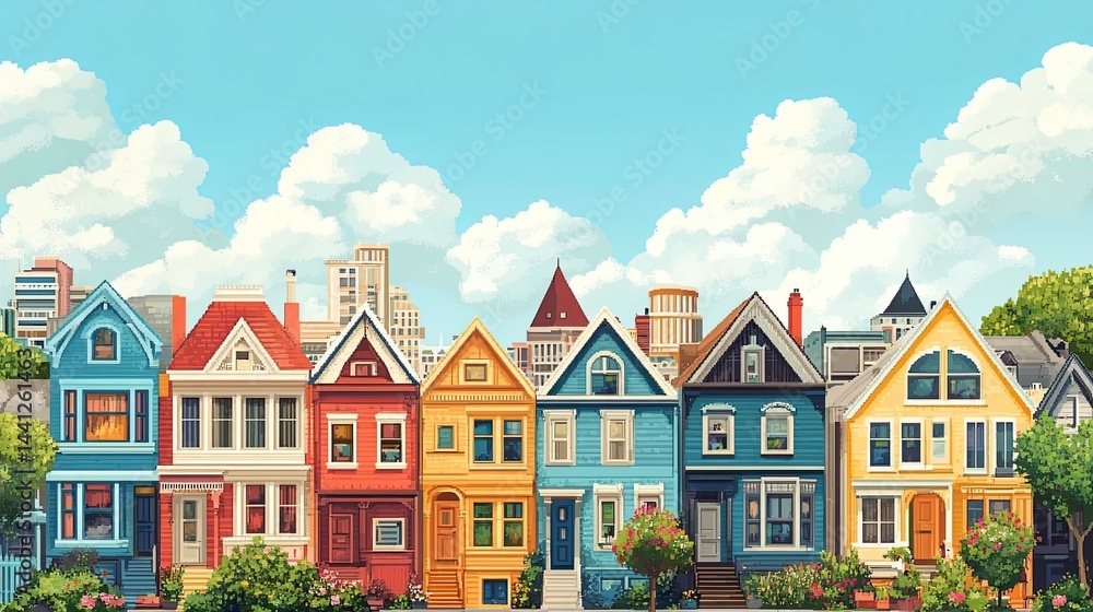 Colorful Pixelated Houses with Varying Designs in a Whimsical Neighborhood Illustration, Featuring Playful Architecture. Colorful Pixelated Houses with Varying Designs in a Whimsical Neighborhood Illustration, Featuring Playful Architecture.