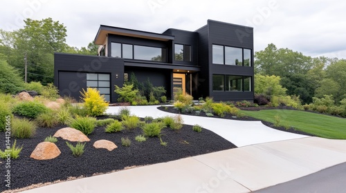 Modern, contemporary home with a dark exterior, landscaped front yard, and a driveway.  The home features clean lines, large windows, and a modern aesthetic.