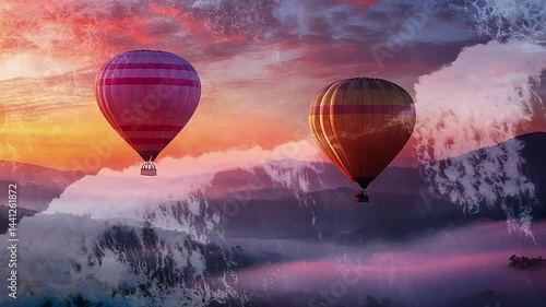 Multicolored balloons flying over misty mountains at sunset. Ocean waves. Double exposure. Cinematic. Generated AI.
