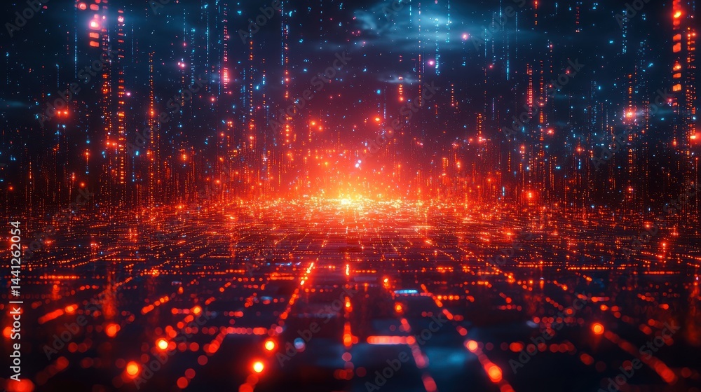 Obraz premium Abstract digital background with blue and red glowing lights and grid pattern.