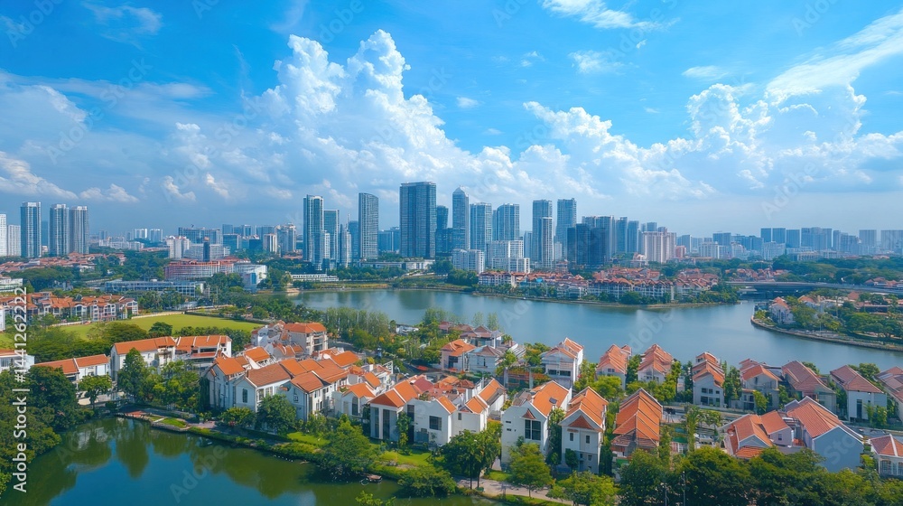 Naklejka premium Stunning Aerial View of Lakeside Cityscape: Modern Architecture Meets Serene Waters